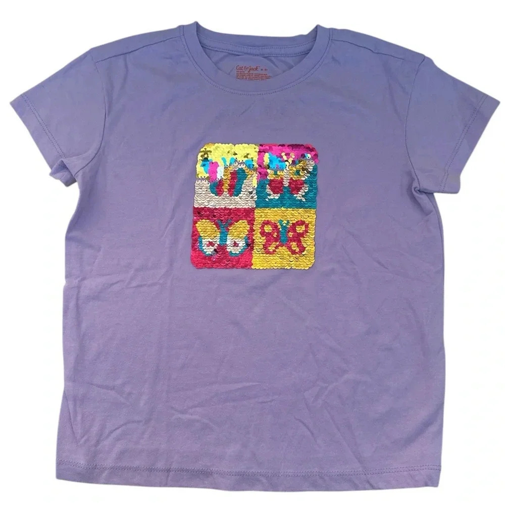 CAT & JACK Girls Size M/8 Lilac Sequins Short Sleeves Kids Casual TShirt
